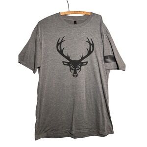 Bucked Up Mens XL Gray Graphic T-Shirt Deer Head Logo American Flag Sleeve Tee